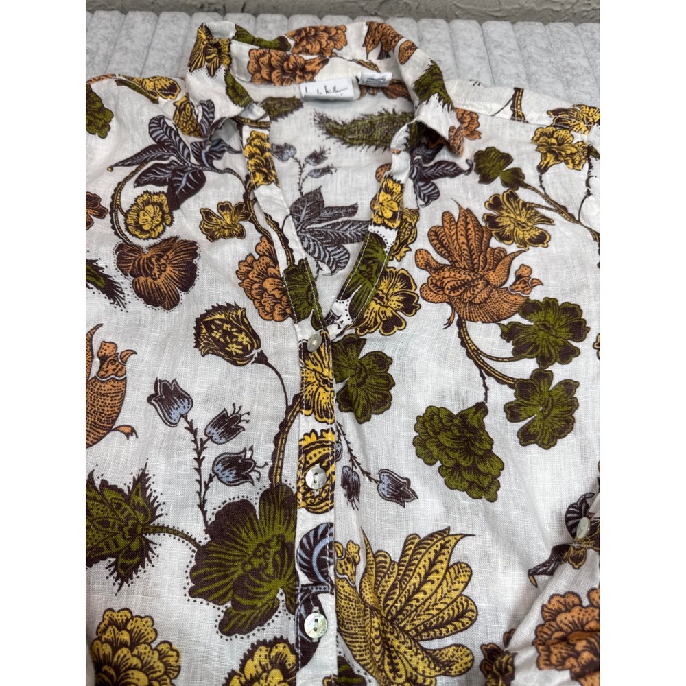Nicole Miller New York 100% Linen Floral Button Down Shirt Womens XL White Green